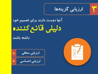 *
*
‫ٔٙطمی‬ ‫ارسیبثی‬
‫احسبسی‬ ‫ارسیبثی‬
3
‫کننده‬‫قانع‬ ‫دلیلی‬
‫خٛد‬ ٓ‫تصٕی‬ ‫ثزای‬ ‫دار٘ذ‬ ‫دٚست‬ ‫آٟ٘ب‬
‫ثبضٙذ‬ ٝ‫داضت‬
‫ٞب‬ٝٙ‫ٌشی‬ ‫ارسیبثی‬
 