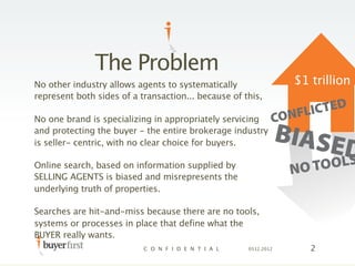 The Problem
No other industry allows agents to systematically represent both                   $1 trillion
sides of a tran...