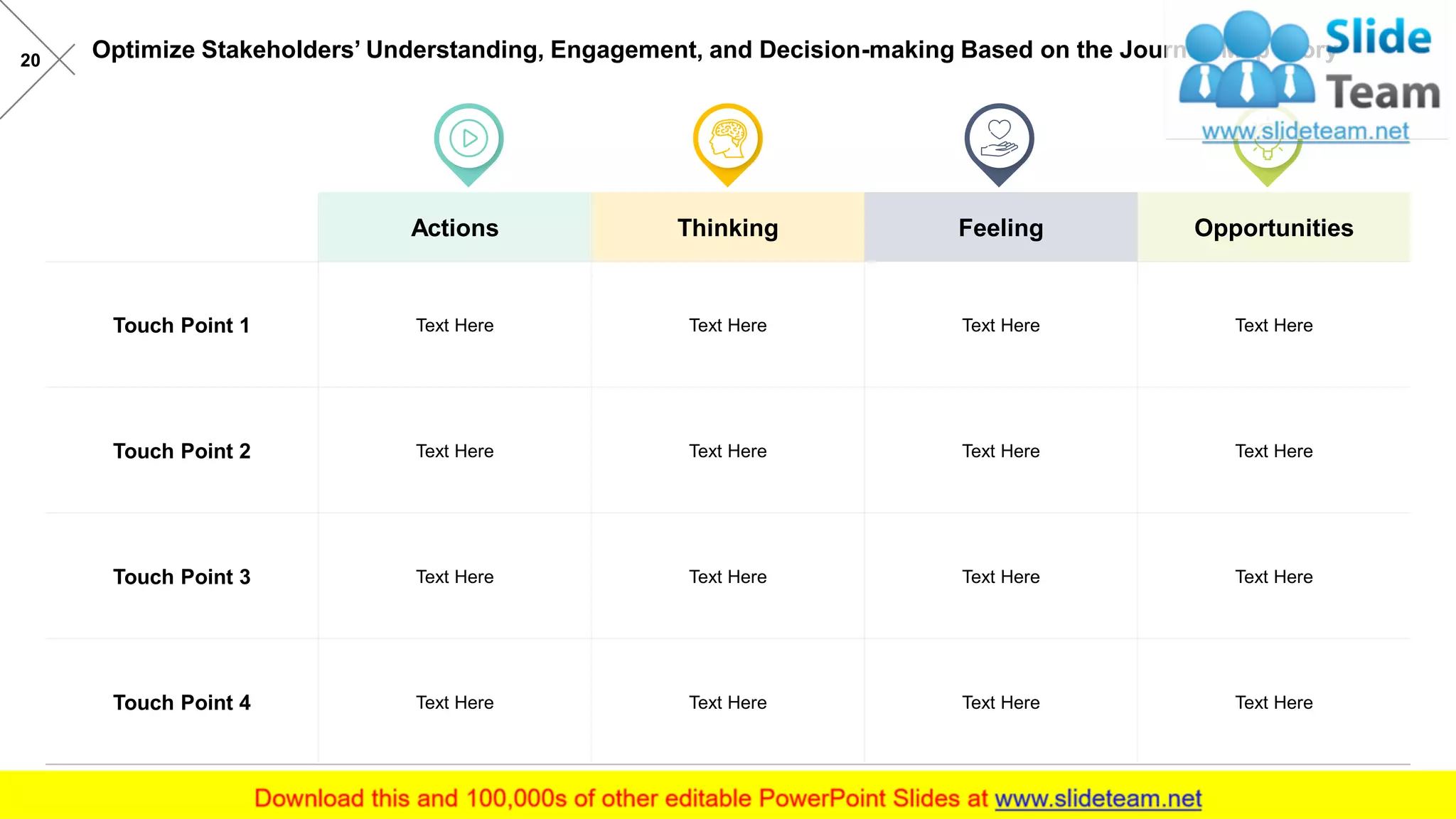 Optimize Stakeholders’ Understanding, Engagement, and Decision-making Based on the Journey Map Story20
Actions Thinking Feeling Opportunities
Touch Point 1 Text Here Text Here Text Here Text Here
Touch Point 2 Text Here Text Here Text Here Text Here
Touch Point 3 Text Here Text Here Text Here Text Here
Touch Point 4 Text Here Text Here Text Here Text Here
 