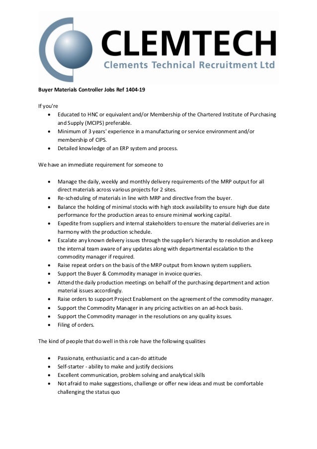 Buyer Materials Controller Jobs Ref 140419
