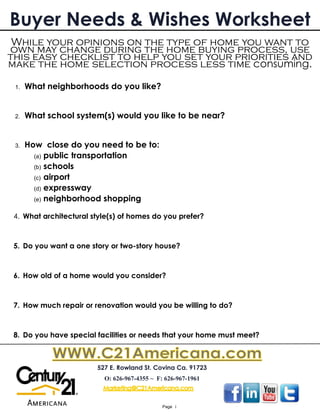 Buyer Needs & Wishes Worksheet
 While your opinions on the type of home you want to
own may change during the home buying process, use
this easy checklist to help you set your priorities and
make the home selection process less time consuming.

 1.   What neighborhoods do you like?


 2.   What school system(s) would you like to be near?


 3.   How close do you need to be to:
        (a) public transportation
        (b) schools
        (c) airport
        (d) expressway
        (e) neighborhood shopping


 4. What architectural style(s) of homes do you prefer?



 5. Do you want a one story or two-story house?



 6. How old of a home would you consider?



 7. How much repair or renovation would you be willing to do?



 8. Do you have special facilities or needs that your home must meet?

            WWW.C21Americana.com
                        527 E. Rowland St. Covina Ca. 91723
                          O: 626-967-4355 ~ F: 626-967-1961
                          Marketing@C21Americana.com


                                              Page 1
 
