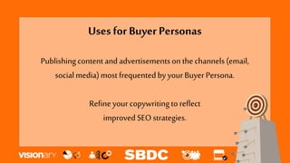 Uses for Buyer Personas
Publishingcontent andadvertisementsonthe channels(email,
socialmedia)most frequentedby your Buyer Persona.
Refine your copywritingto reflect
improved SEO strategies.
 