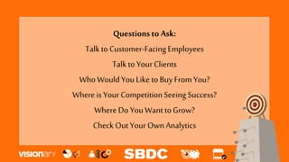 Questions to Ask:
Talkto Customer-Facing Employees
Talkto Your Clients
Who WouldYou Like to Buy From You?
Where is Your CompetitionSeeing Success?
Where Do YouWant toGrow?
Check Out Your Own Analytics
 
