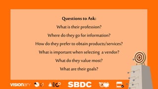 Questions to Ask:
What istheir profession?
Where do they go for information?
How dothey prefer to obtainproducts/services?
What is importantwhen selecting a vendor?
What do they value most?
What are their goals?
 