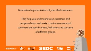 Generalized representationsof your idealcustomers.
They help youunderstandyour customers and
prospects better andmake it easier tocustomized
content to the specificneeds, behaviorsand concerns
of different groups.
 