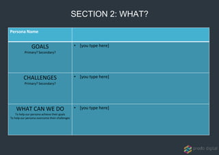 Persona Name
GOALS
Primary? Secondary?
• [you type here]
CHALLENGES
Primary? Secondary?
• [you type here]
WHAT CAN WE DO
To help our persona achieve their goals
To help our persona overcome their challenges
• [you type here]
SECTION 2: WHAT?
 