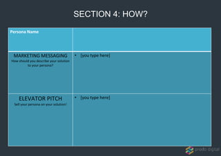 Persona Name
MARKETING MESSAGING
How should you describe your solution
to your persona?
• [you type here]
ELEVATOR PITCH
Sell your persona on your solution!
• [you type here]
SECTION 4: HOW?
 