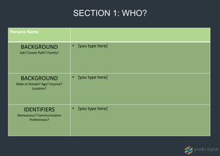 Persona Name
BACKGROUND
Job? Career Path? Family?
• [you type here]
BACKGROUND
Male or female? Age? Income?
Location?
• [you type here]
IDENTIFIERS
Demeanour? Communication
Preferences?
• [you type here]
SECTION 1: WHO?
 