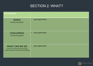 Persona Name
GOALS
Primary? Secondary?
• [you type here]
CHALLENGES
Primary? Secondary?
• [you type here]
WHAT CAN WE DO
To help our persona achieve their goals
To help our persona overcome their challenges
• [you type here]
SECTION 2: WHAT?
 