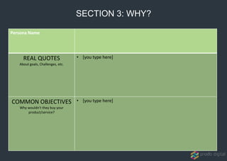 Persona Name
REAL QUOTES
About goals, Challenges, etc.
• [you type here]
COMMON OBJECTIVES
Why wouldn’t they buy your
product/service?
• [you type here]
SECTION 3: WHY?
 