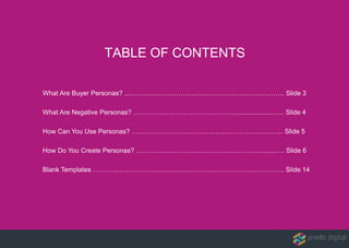 TABLE OF CONTENTS
What Are Buyer Personas? ...……………………………………………………………. Slide 3
What Are Negative Personas? ………………………………………......................….. Slide 4
How Can You Use Personas? …………………………………………………………... Slide 5
How Do You Create Personas? …………...………………………..……………......…. Slide 6
Blank Templates …………………………………………………………………………... Slide 14
 