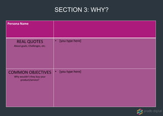 Persona Name
REAL QUOTES
About goals, Challenges, etc.
• [you type here]
COMMON OBJECTIVES
Why wouldn’t they buy your
product/service?
• [you type here]
SECTION 3: WHY?
 