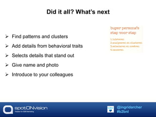 Did it all? What’s next 
 Find patterns and clusters 
 Add details from behavioral traits 
 Selects details that stand out 
 Give name and photo 
 Introduce to your colleagues 
@ingridarcher 
#b2bnl 
 