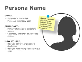 Persona Name
GOALS:
• Persona’s primary goal
• Persona’s secondary goal

CHALLENGES:
• Primary challenge to persona’s
  success
• Secondary challenge to persona’s
  success

HOW WE HELP:
• How you solve your persona’s
  challenges
• How you help your persona achieve
  goals
 