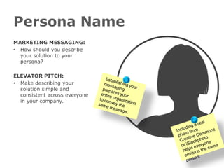 Persona Name
MARKETING MESSAGING:
• How should you describe
  your solution to your
  persona?

ELEVATOR PITCH:
• Make describing your
  solution simple and
  consistent across everyone
  in your company.
 