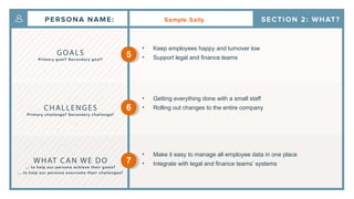 Sample Sally
• Keep employees happy and turnover low
• Support legal and finance teams
• Getting everything done with a small staff
• Rolling out changes to the entire company
• Make it easy to manage all employee data in one place
• Integrate with legal and finance teams’ systems
5
6
7
 