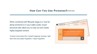 How Can You Use Personas?
When combined with lifecycle stage (i.e. how far
along someone is in your sales cycle), buyer
personas also allow you to map out and create
highly targeted content.
To learn more about the “content mapping” process, right
click here and select Hyperlink > Open Hyperlink.
(continued)
 