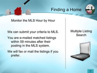 Multiple Listing Search We can submit your criteria to MLS.  You are e-mailed matched listings within 59 minutes after their posting in the MLS system. We will fax or mail the listings if you prefer. Monitor the MLS Hour by Hour  Finding a Home 