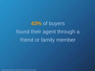 43%   of buyers found their agent through a friend or family member 2008 National Association of Realtors Profile of Home Buyers and Sellers 