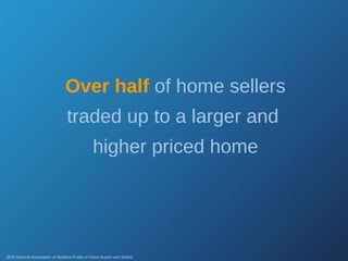Over half   of home sellers traded up to a larger and  higher priced home 2008 National Association of Realtors Profile of Home Buyers and Sellers 