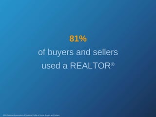 81% of buyers and sellers used a REALTOR ® 2008 National Association of Realtors Profile of Home Buyers and Sellers 