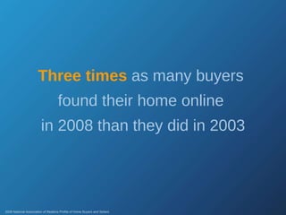 Three times  as many buyers  found their home online  in 2008 than they did in 2003 2008 National Association of Realtors Profile of Home Buyers and Sellers 