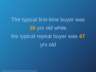 The typical first-time buyer was  30  yrs old while the typical repeat buyer was  47  yrs old 2008 National Association of Realtors Profile of Home Buyers and Sellers 