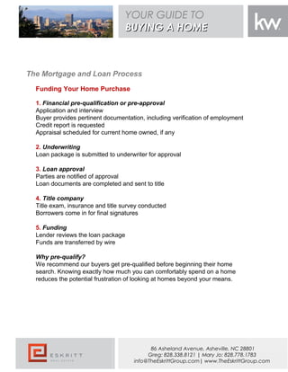 The Mortgage and Loan Process
Funding Your Home Purchase
1. Financial pre-qualification or pre-approval
Application and interview
Buyer provides pertinent documentation, including verification of employment
Credit report is requested
Appraisal scheduled for current home owned, if any
2. Underwriting
Loan package is submitted to underwriter for approval
3. Loan approval
Parties are notified of approval
Loan documents are completed and sent to title
4. Title company
Title exam, insurance and title survey conducted
Borrowers come in for final signatures
5. Funding
Lender reviews the loan package
Funds are transferred by wire
Why pre-qualify?
We recommend our buyers get pre-qualified before beginning their home
search. Knowing exactly how much you can comfortably spend on a home
reduces the potential frustration of looking at homes beyond your means.
11812 San Vicente Blvd., 100
Mobile: 310.424.0391 | Fax: 310.826.8221
Homes@InnaSantoso.com | www.InnaSantos.com
YOUR GUIDE TO
BUYING A HOMEBUYING A HOME
86 Asheland Avenue, Asheville, NC 28801
Greg: 828.338.8121 | Mary Jo: 828.778.1783
info@TheEskrittGroup.com| www.TheEskrittGroup.com
 