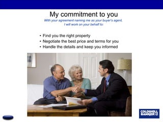 My commitment to you With your agreement naming me as your buyer’s agent,  I will work on your behalf to: Find you the right property Negotiate the best price and terms for you Handle the details and keep you informed 