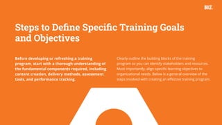 18
Before developing or refreshing a training
program, start with a thorough understanding of
the fundamental components required, including
content creation, delivery methods, assessment
tools, and performance tracking.
Steps to Define Specific Training Goals
and Objectives
Clearly outline the building blocks of the training
program so you can identify stakeholders and resources.
Most importantly, align specific learning objectives to
organizational needs. Below is a general overview of the
steps involved with creating an effective training program.
 