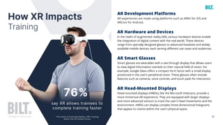 32
AR Development Platforms
AR experiences are made using platforms such as ARKit for iOS and
ARCore for Android.
AR Hardware and Devices
In the realm of augmented reality (AR), various hardware devices enable
the integration of digital content with the real world. These devices
range from specially designed glasses to advanced headsets and widely
available mobile devices, each serving different use cases and audiences.
AR Smart Glasses
Smart glasses are wearables with a see-through display that allows users
to view digital information overlaid on their natural field of vision. For
example, Google Glass offers a compact form factor with a small display
positioned in the user’s peripheral vision. These glasses often include
features such as cameras, voice controls, and touch pads for interaction.
AR Head-Mounted Displays
Head-mounted displays (HMDs), like the Microsoft HoloLens, provide a
more immersive AR experience. They are equipped with larger displays
and more advanced sensors to track the user’s head movements and the
environment. HMDs can display complex three-dimensional holograms
that appear to coexist within the user’s physical space.
 
