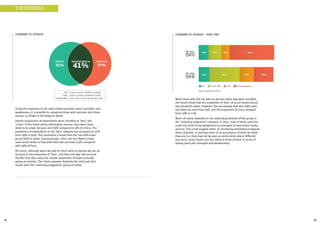 34 35
SUMMARY OF OPINION
Using the responses to the open ended questions about strengths and
weaknesses, it is possible to categorise those with opinions into three
groups, as shown in the diagram above.
Similar proportions of respondents were classified as ‘fans’ and
‘critics’ of the listed online information sources. Fans were more
likely to be under 30 years old (15% compared to 4% of critics). The
proportion of respondents in the ‘fans’ category has increased to 31%
from 19% in 2010. This represents a move from the ‘see both sides’
group (55% in 2010). Unsurprisingly, critics are less likely to have
used social media to help with their last purchase (23% compared
with 59% of fans).
Of course, although when we look at those with an opinion we see an
increase in the proportion of ‘fans’, this does not take into account
the fact that 2011 saw a far smaller proportion of buyers actually
giving an opinion. The charts opposite illustrate the 2010 and 2011
results with this ‘reserving judgement’ group included.
FAN
CRITIC
SEE BOTH SIDES
mention a ‘benefit’ of SM AND ‘no weakness’
mention a ‘weakness’ of SM AND ‘no benefit’
mention both a ‘benefit’ AND ‘weakness’ of SM
THE FINDINGS
SUMMARY OF OPINION – OVER TIME
When those who did not give an opinion either way were included,
the results show that the proportion of ‘fans’ of social media overall
has remained stable. However, the percentage that sees both sides
has fallen by more than half, and the proportion of critics dropped
from 19% to 11%.
Much of course depends on the underlying attitude of the group in
the ‘reserving judgement’ category. In 2011, most of these said they
could not think of any weaknesses or strengths of new online media
sources. This could suggest either an increasing ambivalence towards
these channels, or perhaps more of an acceptance of them for what
they are (i.e. they may not be seen as particularly new or different
any more, hence buyers are less likely to think of them in terms of
having particular strengths and weaknesses).
UK 2011
(501)
UK 2010
(503)
Base: all respondents in the UK
Fans See both sides Critics Reserving judgement
 