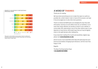 38 39
FREQUENCY OF USING METHODS TO CREATE AND PUBLISH
PROFESSIONAL CONTENT
There was no clear preferred channel when it came to creating and
publishing original professional content. Around two in ten used each
channel ‘very’ or ‘fairly’ often.
E-mail
Company intranet
Bookmarking sites
Facebook
Blogs
Twitter
Base: all respondents (1,017)
Very often Fairly often Rarely NeverOccasionally
17% 39% 11% 25%
15% 38% 11% 28%
18% 42% 11% 22%
17% 39% 12% 24%
12% 41% 11% 29%
13% 39% 12% 31%
8%
8%
7%
7%
6%
5%
A WORD OF THANKS
Thank you for reading
We have done everything we can to make this report as useful as
possible. But, while it doesn’t claim to have all the answers, we hope
it has encouraged you to ask a few more questions.
There’s no doubt that B2B buyers are changing the way they seek
information, and this of course affects how we, as marketers, try to
meet their needs. Whether you decide to invest in your website, in
social media, SEO, advertising or any of the other options open to you
depends on many factors. We simply hope that you may be slightly
closer to the right decision after reading this.
If you have been reading this in print and would like a digital copy,
please visit www.baseone.co.uk.
And of course, if you would like some help with planning how your
brand accommodates changing buyer behaviour, we’d be more than
happy to talk.
Regards
The Base One Buyersphere Team
+44 (0)208 943 9999
FINALLY...
 