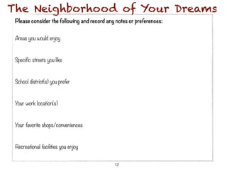 The Neighborhood of Your Dreams
 Please consider the following and record any notes or preferences:


 Areas you would enjoy



 Specific streets you like



 School district(s) you prefer



 Your work location(s)



 Your favorite shops/conveniences



 Recreational facilities you enjoy


                                             12
 