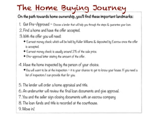 The Home Buying Journey
On the path towards home ownership, you’ll find these important landmarks:

 1. Get Pre~Approved ~ Choose a lender that will help you through the steps & guarantee your loan.
 2. Find a home and have the offer accepted.
 3. With the offer you will need:
    ✦ Earnest money check which will be held by Keller Williams & deposited by Escrow once the offer
     is accepted.
    ✦ Earnest money check is usually around 2% of the sale price.
    ✦ Pre~approval letter stating the amount of the offer.

4. Have the home inspected by the person of your choice.
    ✦You will want to be at the inspection ~ it is your chance to get to know your house. If you need a
      list of inspectors I can provide that for you.


5. The lender will order a home appraisal and title.
6. An underwriter will review the final loan documents and give approval.
7. You and the seller sign closing documents with an escrow company
8. The loan funds and title is recorded at the courthouse.
9. Move in!
 