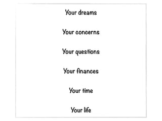 Your dreams


Your concerns


Your questions


Your finances


  Your time


   Your life
 