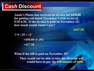 Cash Discount
Cash Discount
   Annie’s Plants has received an invoice for $450.00
   for potting soil dated November 3 with terms of
   5/10 n/30. If the invoice is paid on November 12,
   how much would Annie’s pay?
                                                $427.50
   N = L(1 – d)
          =450.00 (1-.05)
          =427.50

   What if the bill is paid on November 30?
     They would not be able to take the discount and
            would have to pay the full amount of $450.
 