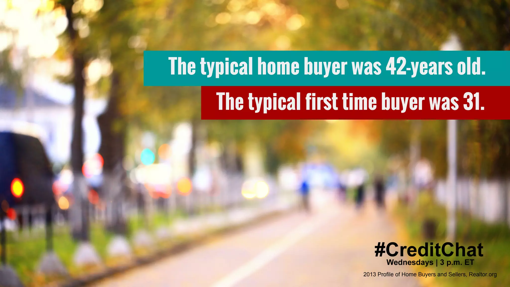 #CreditChat
The typical home buyer was 42-years old.
The typical first time buyer was 31.
2013 Profile of Home Buyers and Sellers, Realtor.org
 