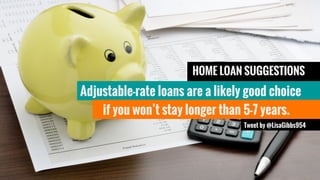 HOME LOAN SUGGESTIONS
Tweet by @LisaGibbs954
Adjustable-rate loans are a likely good choice
if you won’t stay longer than ...