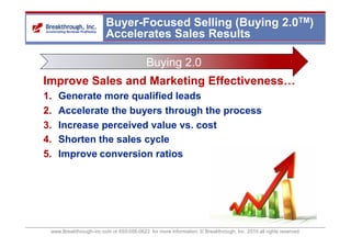 Buyer-Focused Selling (Buying 2.0TM)
                        Accelerates Sales Results

                                          Buying 2.0
Improve Sales and Marketing Effectiveness…
1.   Generate more qualified leads
2.   Accelerate the buyers through the process
3.   Increase perceived value vs. cost
4.   Shorten the sales cycle
5.   Improve conversion ratios




 www.Breakthrough-inc.com or 650-508-0622 for more information; © Breakthrough, Inc. 2010 all rights reserved
 