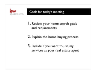 Goals for today’s meeting
1. Review your home search goals
and requirements
2. Explain the home buying process
3. Decide if you want to use my
services as your real estate agent
 