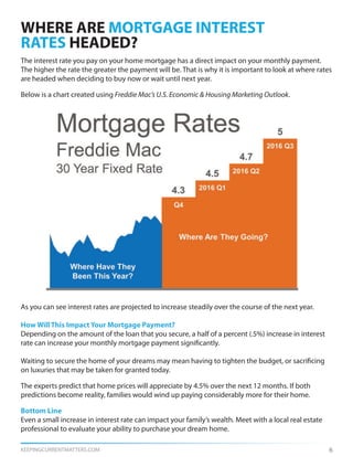 KEEPINGCURRENTMATTERS.COM 6
WHERE ARE MORTGAGE INTEREST
RATES HEADED?
The interest rate you pay on your home mortgage has a direct impact on your monthly payment.
The higher the rate the greater the payment will be. That is why it is important to look at where rates
are headed when deciding to buy now or wait until next year.
Below is a chart created using Freddie Mac’s U.S. Economic & Housing Marketing Outlook.
As you can see interest rates are projected to increase steadily over the course of the next year.
How Will This Impact Your Mortgage Payment?
Depending on the amount of the loan that you secure, a half of a percent (.5%) increase in interest
rate can increase your monthly mortgage payment significantly.
Waiting to secure the home of your dreams may mean having to tighten the budget, or sacrificing
on luxuries that may be taken for granted today.
The experts predict that home prices will appreciate by 4.5% over the next 12 months. If both
predictions become reality, families would wind up paying considerably more for their home.
Bottom Line
Even a small increase in interest rate can impact your family’s wealth. Meet with a local real estate
professional to evaluate your ability to purchase your dream home.
 