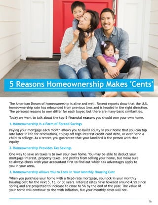 The American Dream of homeownership is alive and well. Recent reports show that the U.S.
homeownership rate has rebounded from previous lows and is headed in the right direction.
The personal reasons to own differ for each buyer, but there are many basic similarities.
Today we want to talk about the top 5 financial reasons you should own your own home.
1.Homeownership is a Form of Forced Savings
Paying your mortgage each month allows you to build equity in your home that you can tap
into later in life for renovations, to pay off high-interest credit card debt, or even send a
child to college. As a renter, you guarantee that your landlord is the person with that
equity.
2.Homeownership Provides Tax Savings
One way to save on taxes is to own your own home. You may be able to deduct your
mortgage interest, property taxes, and profits from selling your home, but make sure
to always check with your accountant first to find out which tax advantages apply to
you in your area.
3.Homeownership Allows You to Lock in Your Monthly Housing Cost
When you purchase your home with a fixed-rate mortgage, you lock in your monthly
housing cost for the next 5, 15, or 30 years. Interest rates have hovered around 4.5% since
spring and are projected to increase to close to 5% by the end of the year. The value of
your home will continue to rise with inflation, but your monthly costs will not.
16
5 Reasons Homeownership Makes 'Cents'
 