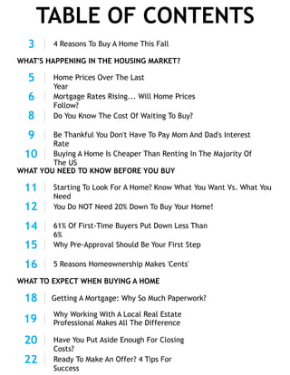 TABLE OF CONTENTS
WHAT'S HAPPENING IN THE HOUSING MARKET?
WHAT YOU NEED TO KNOW BEFORE YOU BUY
WHAT TO EXPECT WHEN BUYING A HOME
4 Reasons To Buy A Home This Fall3
Home Prices Over The Last
Year
5
Mortgage Rates Rising... Will Home Prices
Follow?
6
Do You Know The Cost Of Waiting To Buy?8
Be Thankful You Don't Have To Pay Mom And Dad's Interest
Rate
9
Buying A Home Is Cheaper Than Renting In The Majority Of
The US
10
Starting To Look For A Home? Know What You Want Vs. What You
Need
11
You Do NOT Need 20% Down To Buy Your Home!12
61% Of First-Time Buyers Put Down Less Than
6%
14
Why Pre-Approval Should Be Your First Step15
5 Reasons Homeownership Makes 'Cents'16
Why Working With A Local Real Estate
Professional Makes All The Difference19
Have You Put Aside Enough For Closing
Costs?
20
Ready To Make An Offer? 4 Tips For
Success
22
18 Getting A Mortgage: Why So Much Paperwork?
 