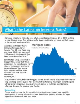 Mortgage rates have fallen by over a full percentage point since Q4 of 2018, settling
at near-historic lows. This is big news for buyers looking to get more for their money
in the current housing market.
 
As a potential buyer, the best thing you can do is work with a trusted advisor who can
help you keep a close eye on how the market is changing. Relying on current expert
advice is more important than ever when it comes to making a confident and
informed decision for you and your family.
7
Bottom Line
Even a small increase (or decrease) in interest rates can impact your monthly
housing cost. If buying a home is on your short list of goals to achieve, let’s get
together to determine your best move.
What’s the Latest on Interest Rates?
According to Freddie Mac’s  
Primary Mortgage Market
Survey, “the 30-year fixed-rate
mortgage (FRM) rate averaged
3.60 percent, the lowest it has
been since November 2016.”  
 
Sam Khater, Chief Economist at
Freddie Mac, notes that this is
great news for homebuyers. He
states, “…consumer sentiment
remains buoyed by a strong
labor market and low rates
that will continue to drive
home sales  
into the fall.”
 