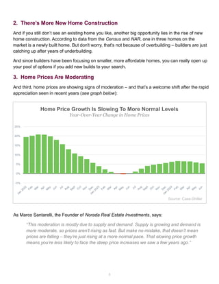 2. There’s More New Home Construction
And if you still don’t see an existing home you like, another big opportunity lies in the rise of new
home construction. According to data from the Census and NAR, one in three homes on the
market is a newly built home. But don't worry, that's not because of overbuilding – builders are just
catching up after years of underbuilding.
And since builders have been focusing on smaller, more affordable homes, you can really open up
your pool of options if you add new builds to your search.
3. Home Prices Are Moderating
And third, home prices are showing signs of moderation – and that’s a welcome shift after the rapid
appreciation seen in recent years (see graph below):
Source: Case-Shiller
Home Price Growth Is Slowing To More Normal Levels
Year-Over-Year Change in Home Prices
5
-5%
0%
5%
10%
15%
20%
25%
As Marco Santarelli, the Founder of Norada Real Estate Investments, says:
“This moderation is mostly due to supply and demand. Supply is growing and demand is
more moderate, so prices aren’t rising as fast. But make no mistake, that doesn’t mean
prices are falling – they’re just rising at a more normal pace. That slowing price growth
means you’re less likely to face the steep price increases we saw a few years ago.”
 
