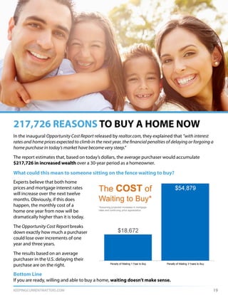 KEEPINGCURRENTMATTERS.COM 19
In the inaugural Opportunity Cost Report released by realtor.com, they explained that “with interest
rates and home prices expected to climb in the next year, the financial penalties of delaying or forgoing a
home purchase in today’s market have become very steep.”
The report estimates that, based on today’s dollars, the average purchaser would accumulate
$217,726 in increased wealth over a 30-year period as a homeowner.
What could this mean to someone sitting on the fence waiting to buy?
217,726 REASONS TO BUY A HOME NOW
Experts believe that both home
prices and mortgage interest rates
will increase over the next twelve
months. Obviously, if this does
happen, the monthly cost of a
home one year from now will be
dramatically higher than it is today.
The Opportunity Cost Report breaks
down exactly how much a purchaser
could lose over increments of one
year and three years.
The results based on an average
purchaser in the U.S. delaying their
purchase are on the right.
Bottom Line
If you are ready, willing and able to buy a home, waiting doesn’t make sense.
 