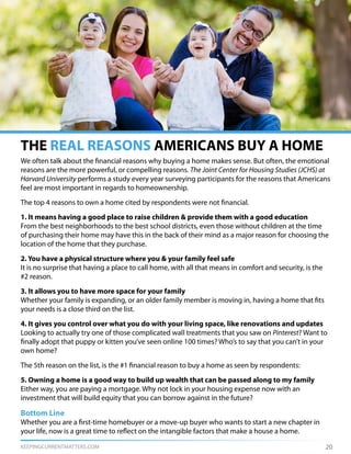 KEEPINGCURRENTMATTERS.COM
THE REAL REASONS AMERICANS BUY A HOME
20
We often talk about the financial reasons why buying a home makes sense. But often, the emotional
reasons are the more powerful, or compelling reasons. The Joint Center for Housing Studies (JCHS) at
Harvard University performs a study every year surveying participants for the reasons that Americans
feel are most important in regards to homeownership.
The top 4 reasons to own a home cited by respondents were not financial.
1. It means having a good place to raise children & provide them with a good education
From the best neighborhoods to the best school districts, even those without children at the time
of purchasing their home may have this in the back of their mind as a major reason for choosing the
location of the home that they purchase.
2. You have a physical structure where you & your family feel safe
It is no surprise that having a place to call home, with all that means in comfort and security, is the
#2 reason.
3. It allows you to have more space for your family
Whether your family is expanding, or an older family member is moving in, having a home that fits
your needs is a close third on the list.
4. It gives you control over what you do with your living space, like renovations and updates
Looking to actually try one of those complicated wall treatments that you saw on Pinterest? Want to
finally adopt that puppy or kitten you’ve seen online 100 times? Who’s to say that you can’t in your
own home?
The 5th reason on the list, is the #1 financial reason to buy a home as seen by respondents:
5. Owning a home is a good way to build up wealth that can be passed along to my family
Either way, you are paying a mortgage. Why not lock in your housing expense now with an
investment that will build equity that you can borrow against in the future?
Bottom Line
Whether you are a first-time homebuyer or a move-up buyer who wants to start a new chapter in
your life, now is a great time to reflect on the intangible factors that make a house a home.
 