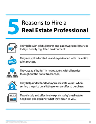 KEEPINGCURRENTMATTERS.COM 13
They help with all disclosures and paperwork necessary in
today’s heavily regulated environment.
They are well educated in and experienced with the entire
sales process.
They act as a“buffer”in negotiations with all parties
throughout the entire transaction.
They help understand today’s real estate values when
setting the price on a listing or on an offer to purchase.
They simply and effectively explain today’s real estate
headlines and decipher what they mean to you.
5Reasons to Hire a
Real Estate Professional
 