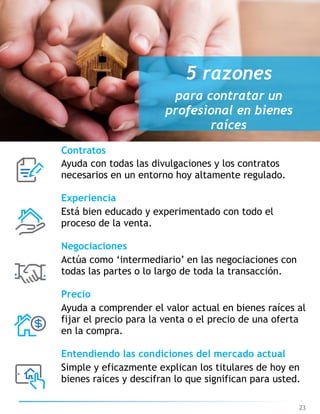 23
5 razones
para contratar un
profesional en bienes
raíces
Contratos
Ayuda con todas las divulgaciones y los contratos
necesarios en un entorno hoy altamente regulado.
Experiencia
Está bien educado y experimentado con todo el
proceso de la venta.
Negociaciones
Actúa como ‘intermediario’ en las negociaciones con
todas las partes o lo largo de toda la transacción.
Precio
Ayuda a comprender el valor actual en bienes raíces al
fijar el precio para la venta o el precio de una oferta
en la compra.
Entendiendo las condiciones del mercado actual
Simple y eficazmente explican los titulares de hoy en
bienes raíces y descifran lo que significan para usted.
 